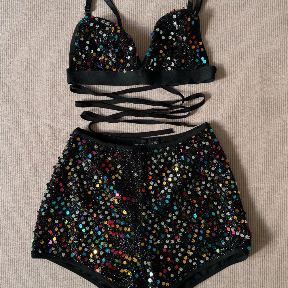Black Sequin Top & High-Waist Shorts Set